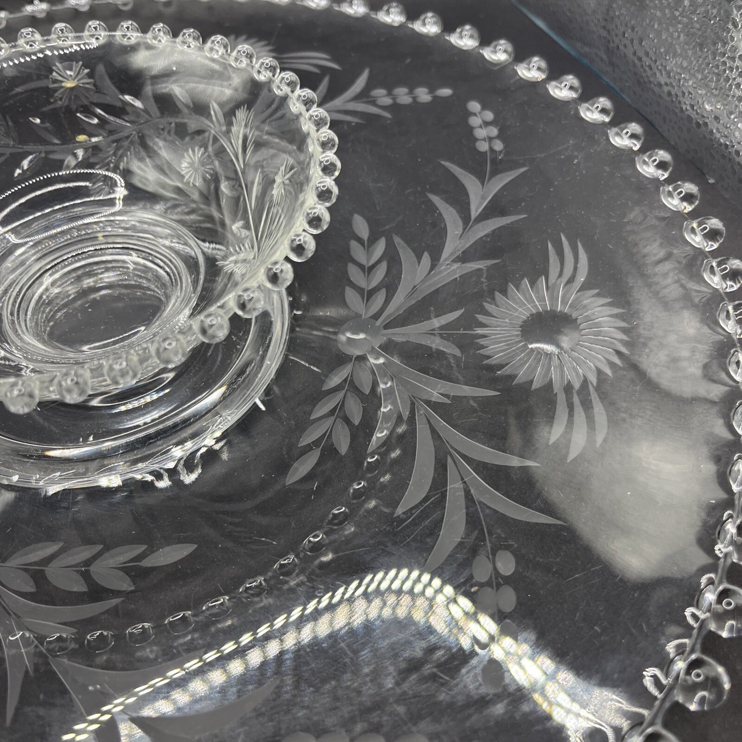 Vintage Crystal Etched Candlewick  Serving Platter Tray w Bowl, 14 In Flowers