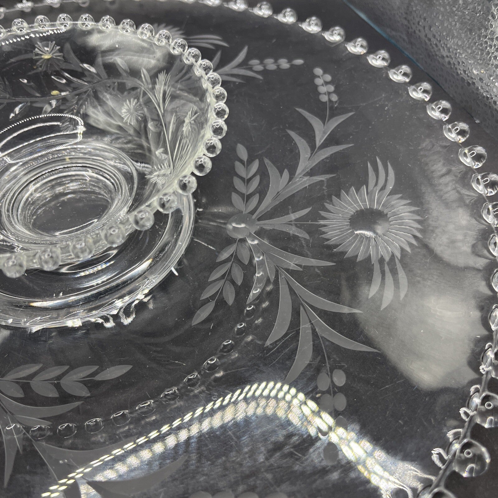 Vintage Crystal Etched Candlewick  Serving Platter Tray w Bowl, 14 In Flowers