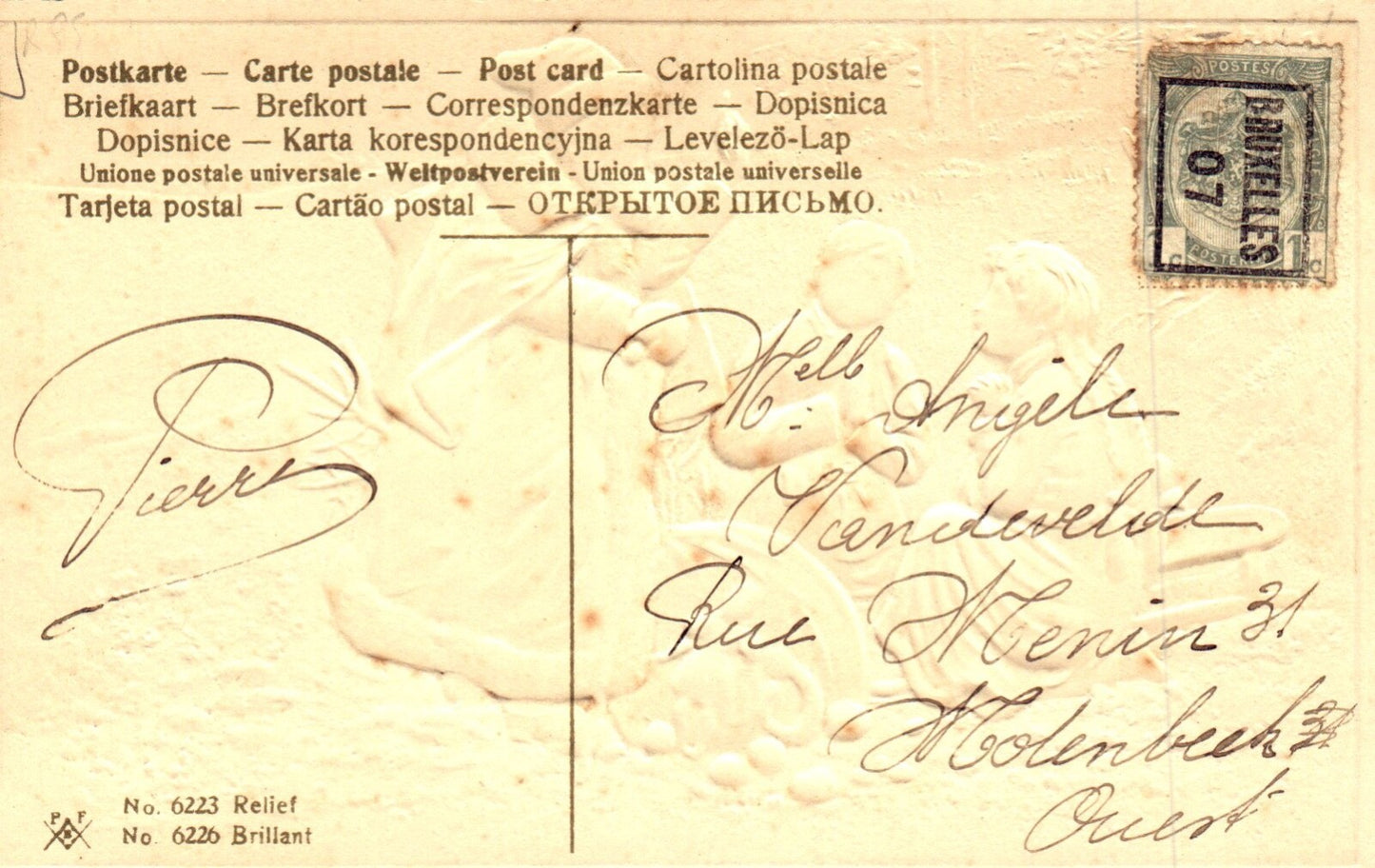 Joyeux Noel Blue Coat Santa with Children & Deer in Snow Vintage Santa Postcard