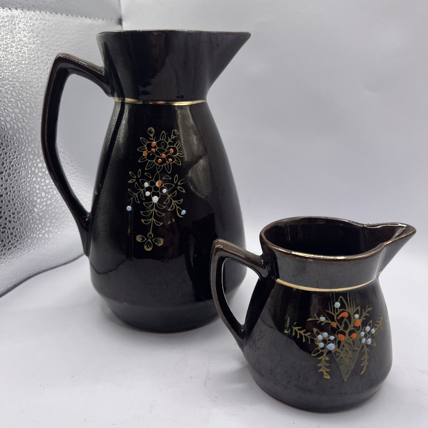 Vintage Brown Betty Pitcher & Creamer hand painted gold gilded Redware Moorage