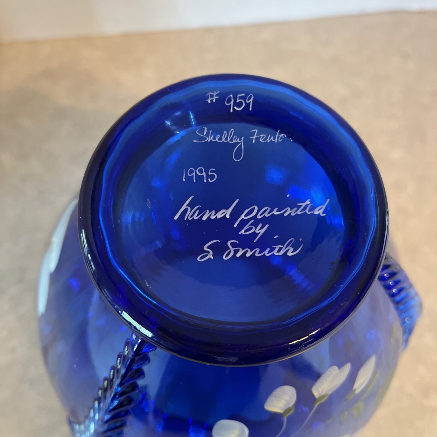Fenton Glass Cobalt Blue Feathered Belly Vase Signed Shelly Fenton Hand Painted