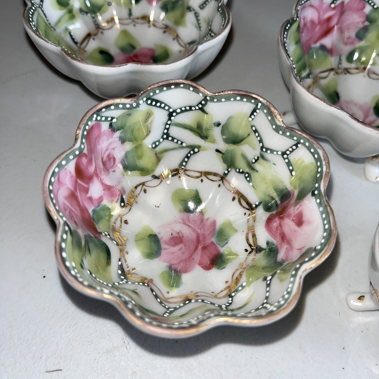 Vintage Antique Nippon Hand Painted Floral Scalloped Gilded Tiny Bowls Set Of 4