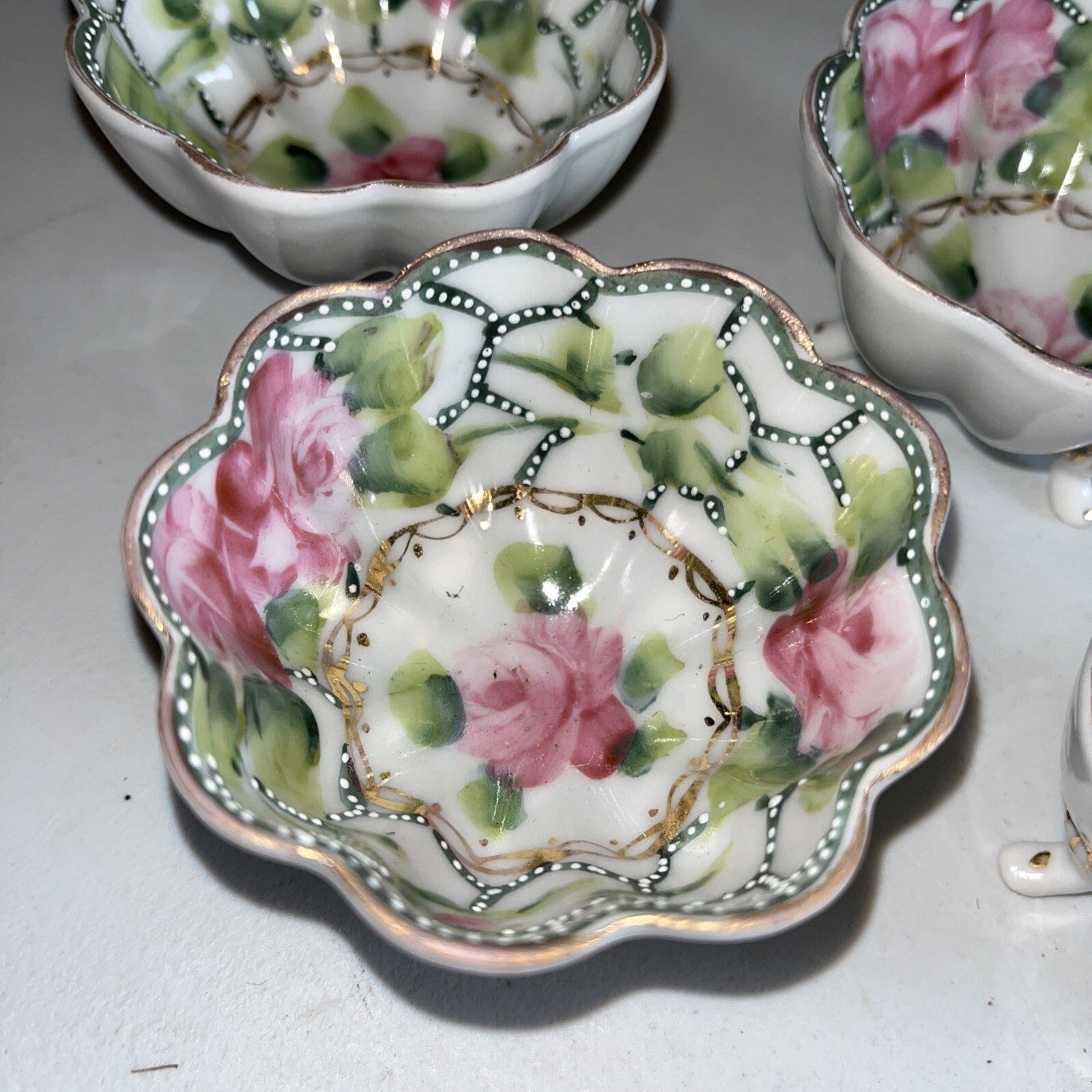 Vintage Antique Nippon Hand Painted Floral Scalloped Gilded Tiny Bowls Set Of 4