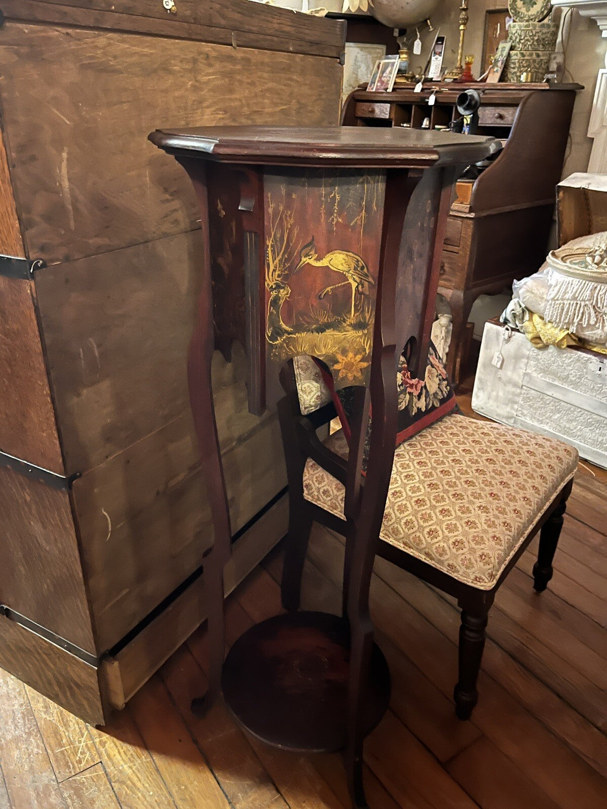 Antique French Wood Pedestal Plant Stands Hand Painted Scenes