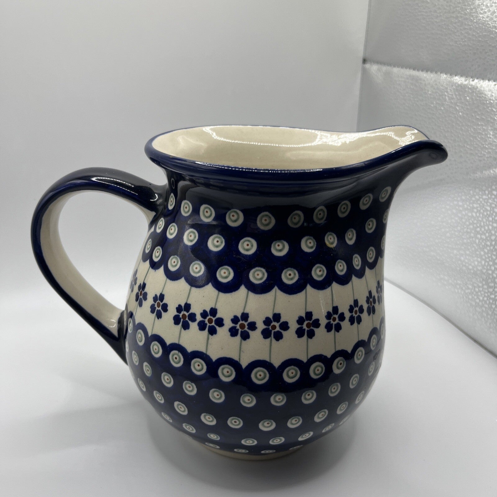 New Polish Pottery Boleslawiec Water Pitcher 6.5” High Blue Flower Authentic