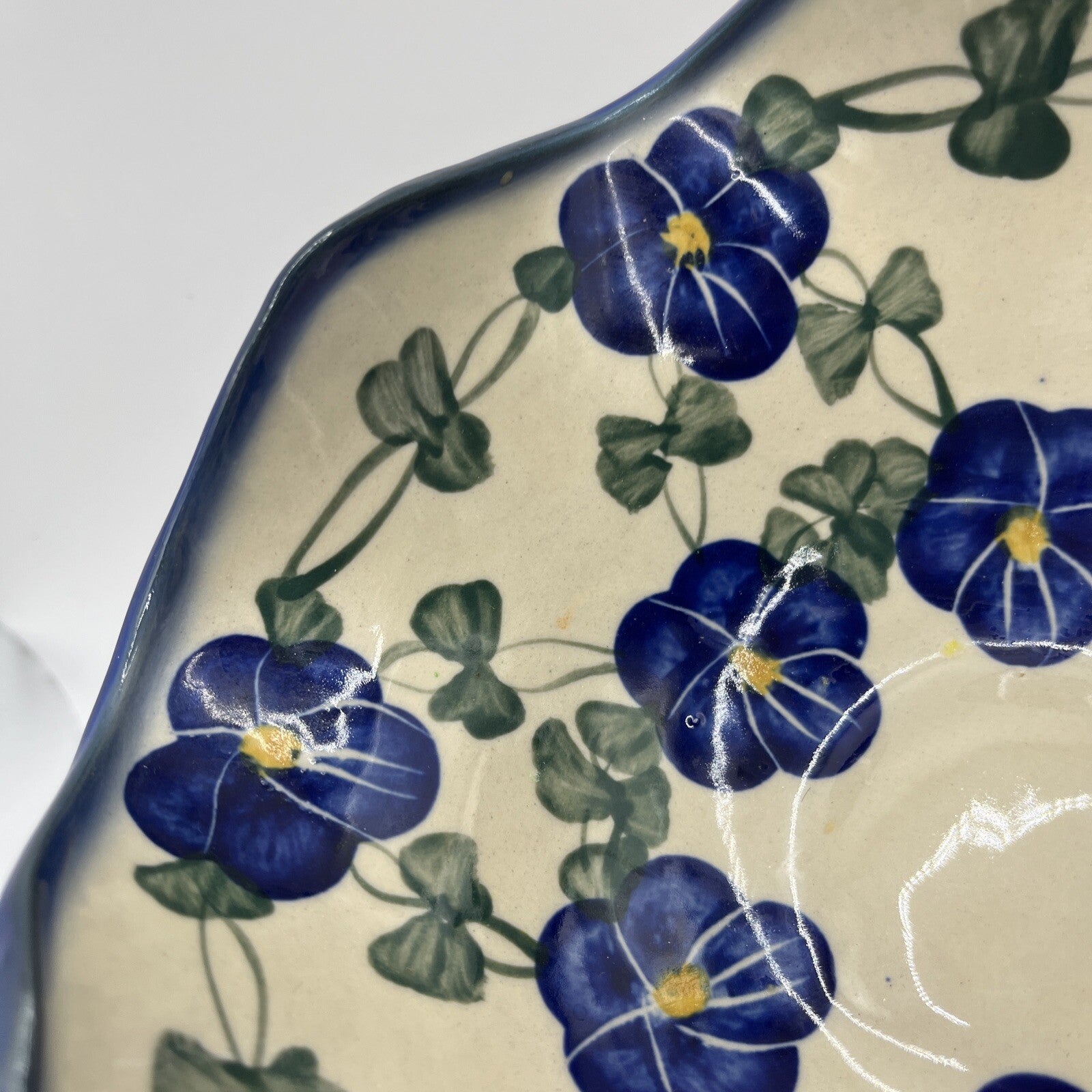 Polish Pottery Bowl With Pedestal Unikat Hand Painted Fluted Fruit Candy Dish