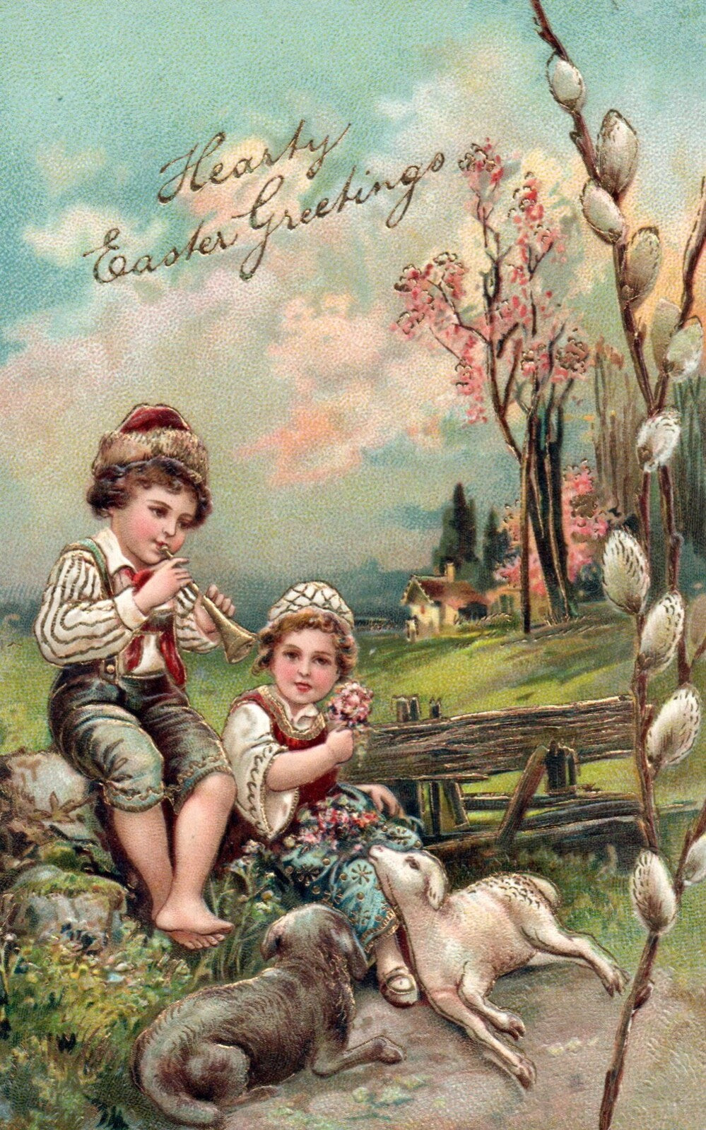 Hearty Easter Greetings Boy & Girl with Lamb & Dog Gold Vintage Easter Postcard