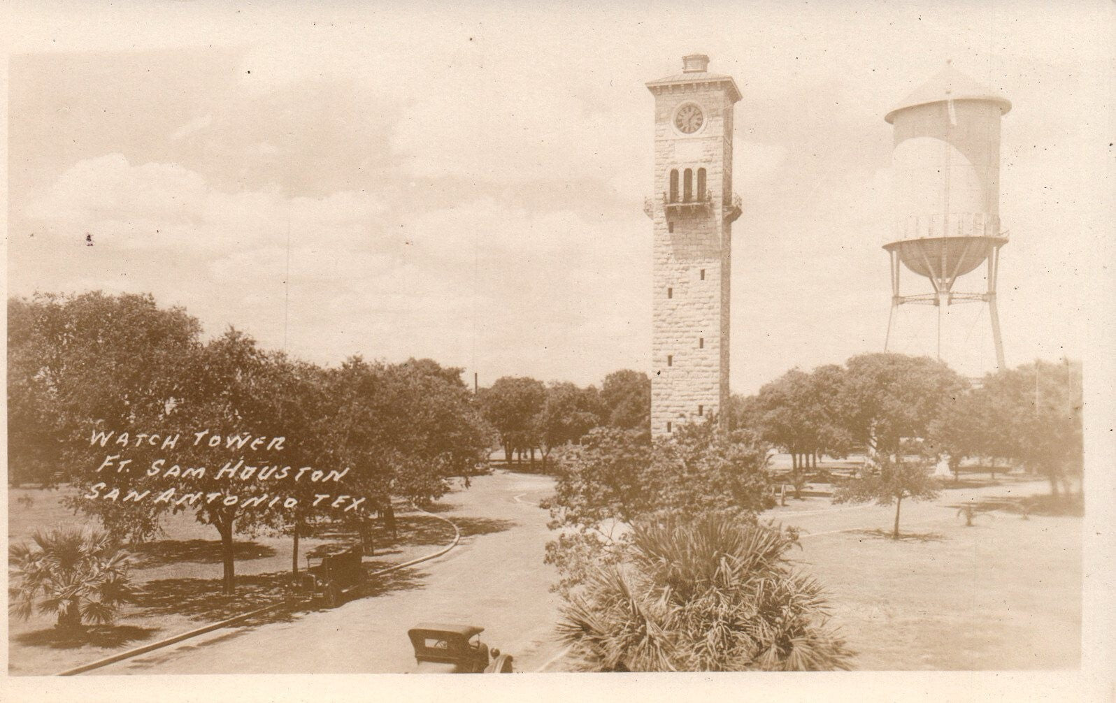 Real Photo Watch Tower Ft Sam Houston San Antonio Tex Texas TX Postcard old cars