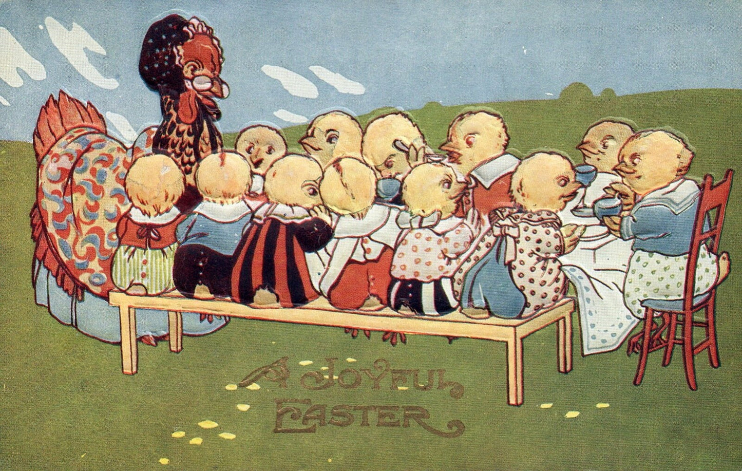 A Joyful Easter Hen Teaching Baby Chicks at Table Vintage Easter Postcard