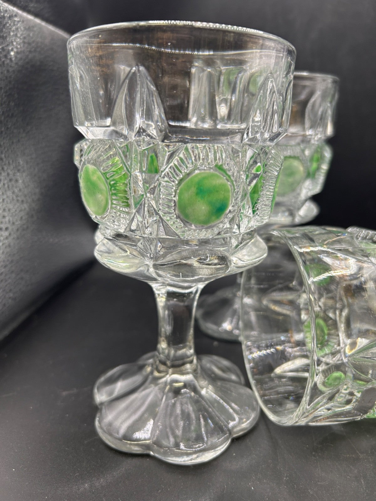 EAPG Newport 5X Goblets Glass Bull's Eye & Daisy Green Stain