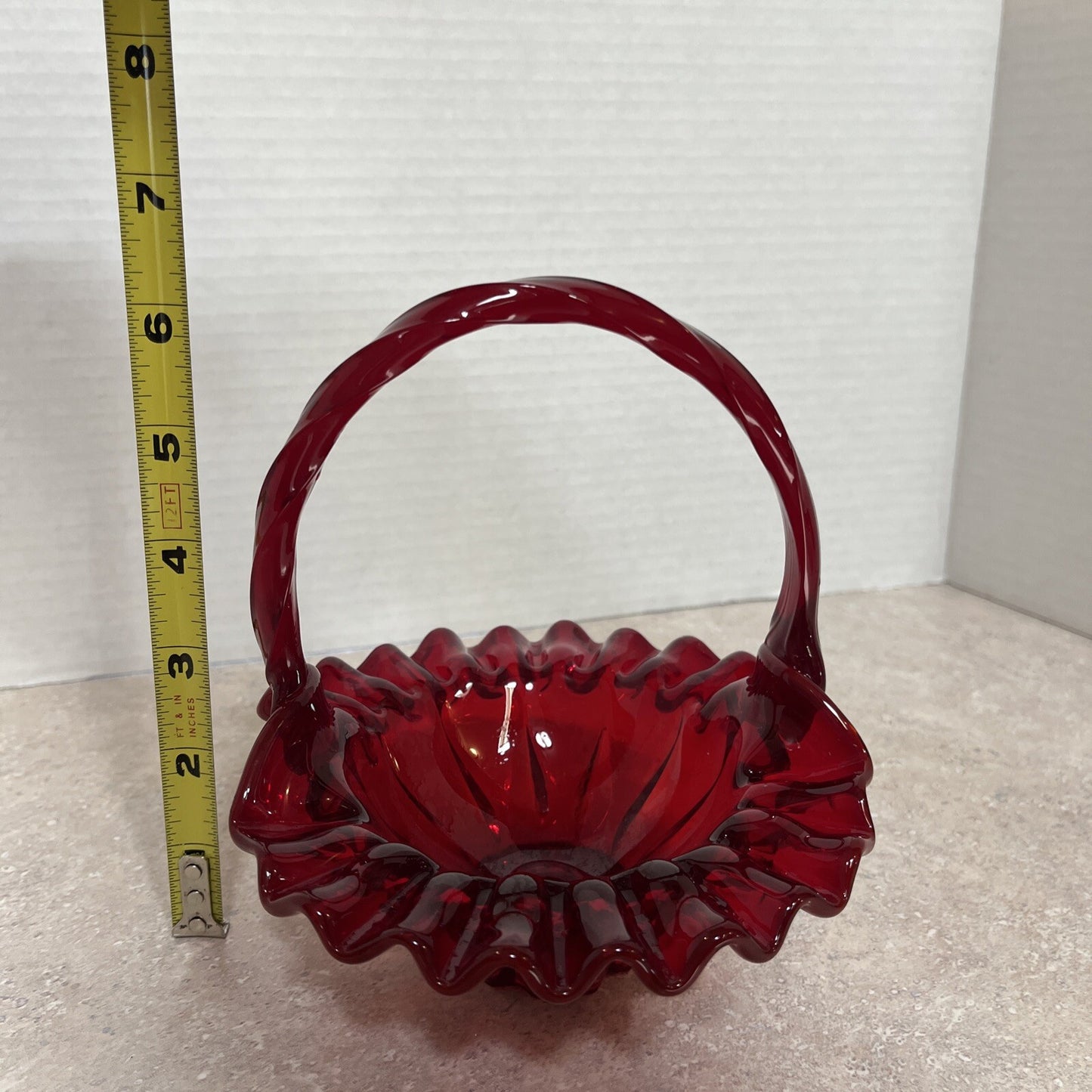 Vintage Fenton Ruby Red Smooth Glass Basket Ruffled Edges Twisted Handle