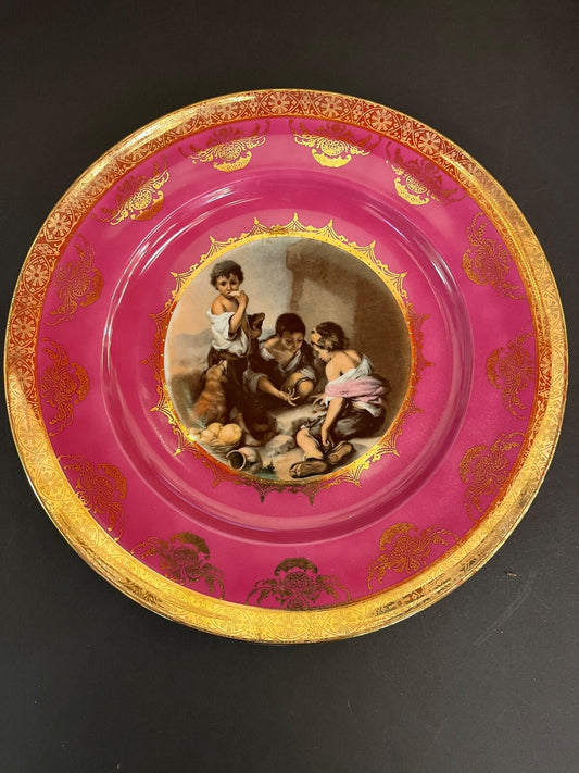 Vintage Bavaria Pink Decorative Plate with Gold Trim Group of Boys with Dog