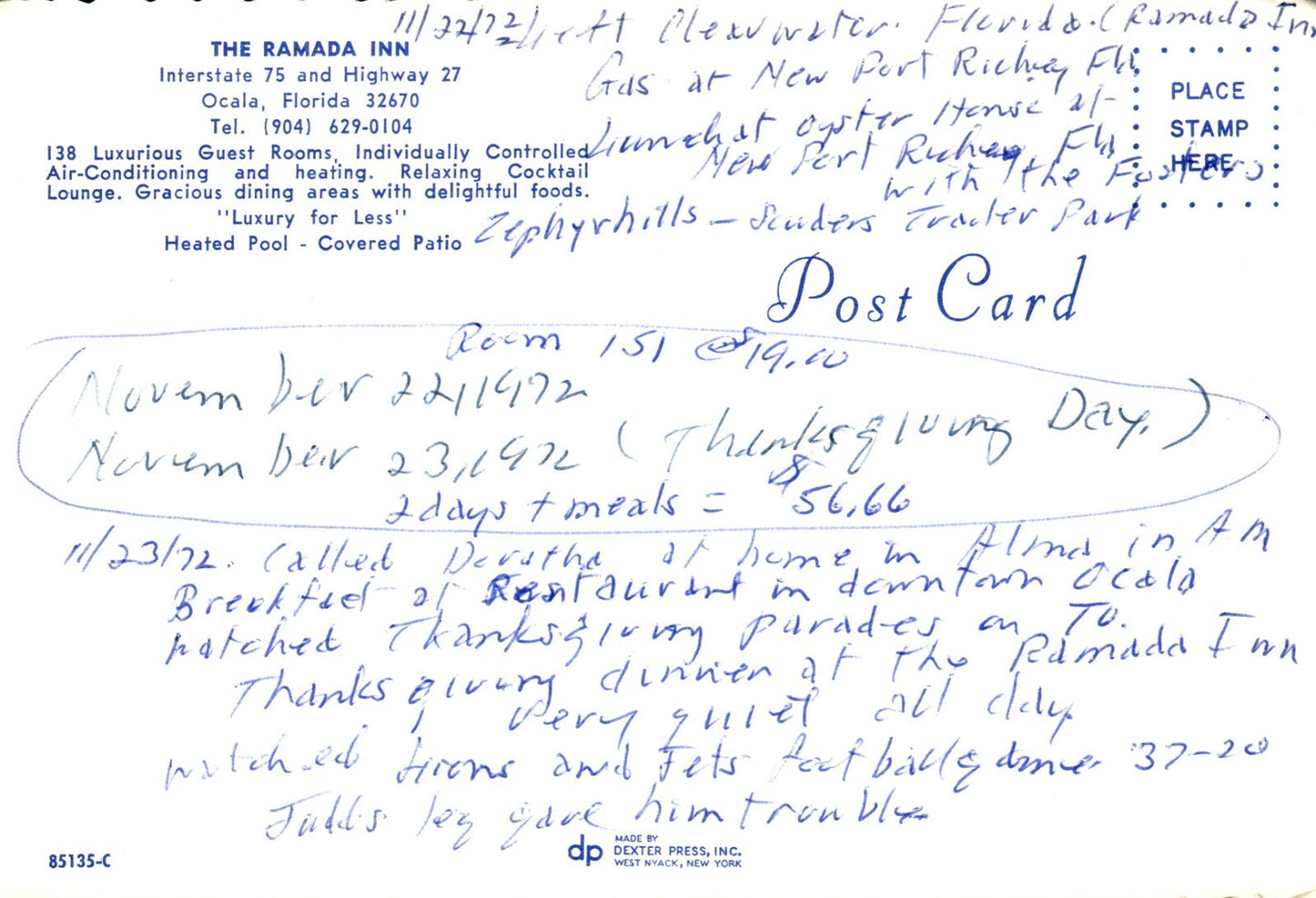 Motel The Ramada Inn Interstate 75 and Highway 27 Ocala FL Florida  Postcard