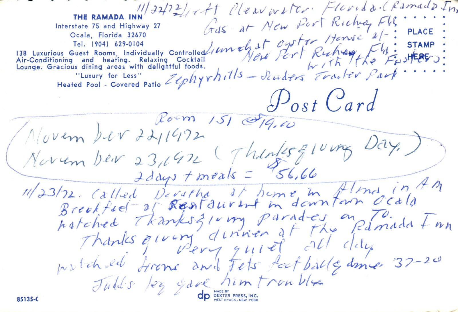 Motel The Ramada Inn Interstate 75 and Highway 27 Ocala FL Florida  Postcard