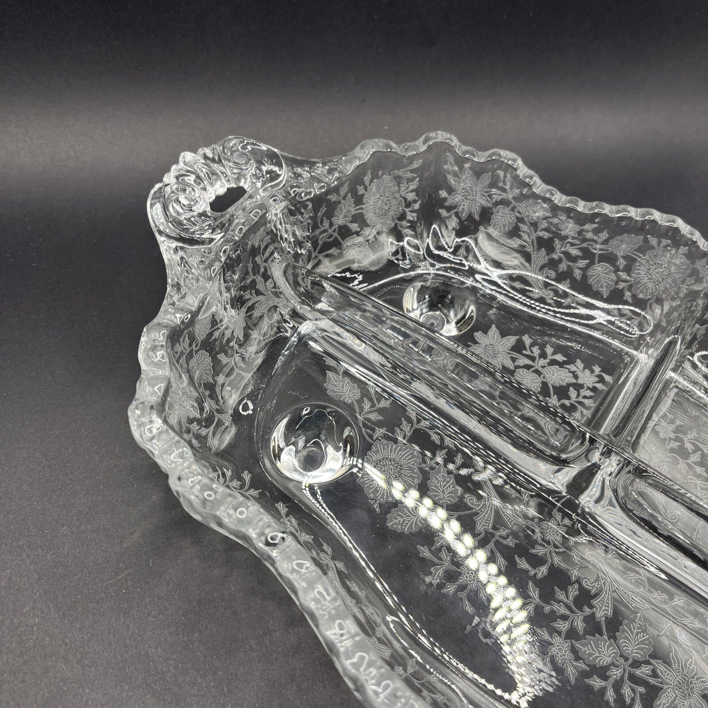 Cambridge Glass Clear 4 Toed 3 Part Relish Dish WILDFLOWER Etched