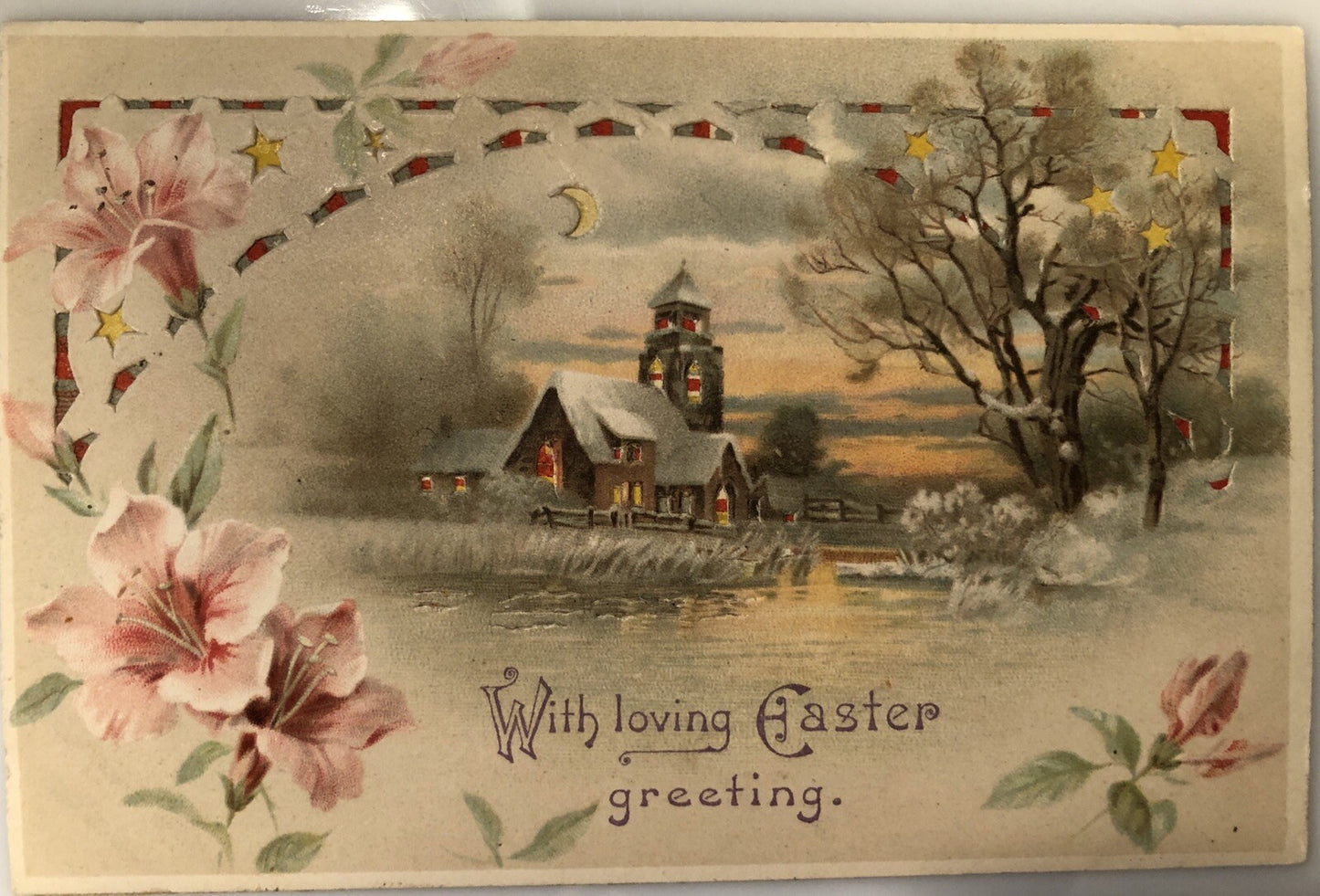 Hold to Light With Loving Easter Greeting Apple Blossoms Church Scenic Postcard