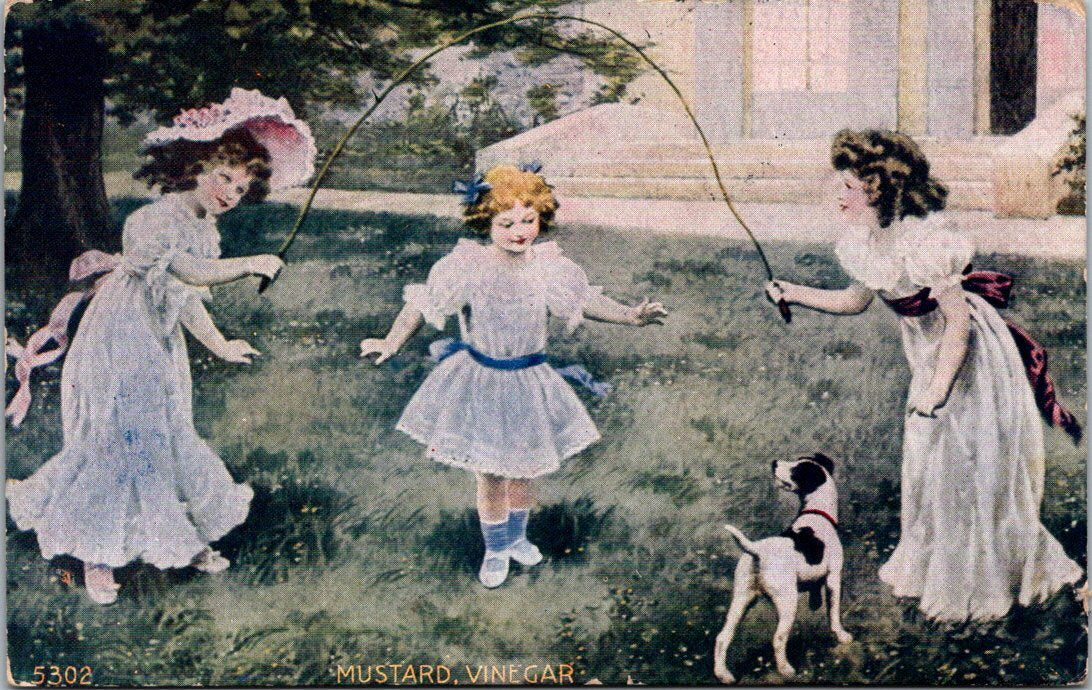 Girls Jumping Rope in White Dresses "Mustard Vinegar" 5302 Children Postcard