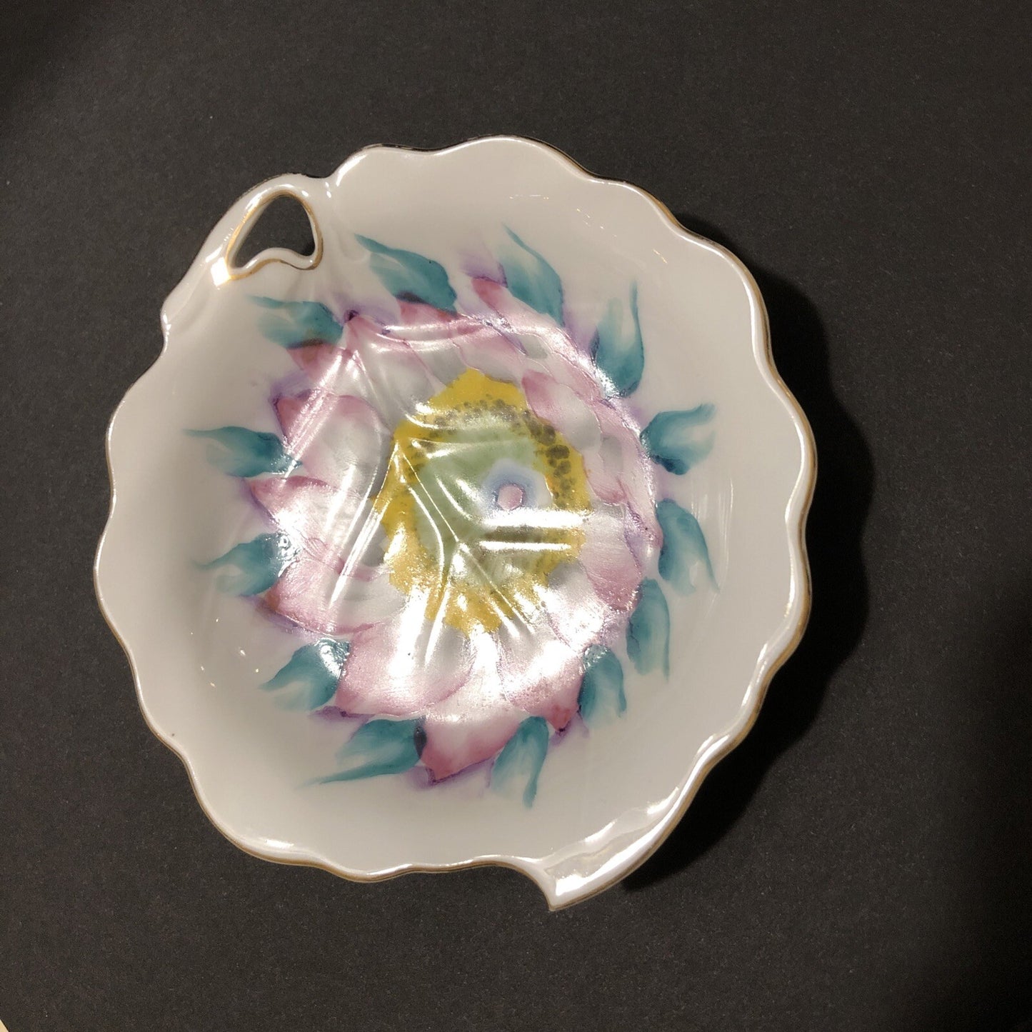 Trimont Trinket Dish 4" x 5” Hand Painted China Leaf Shape Floral Gold Trim