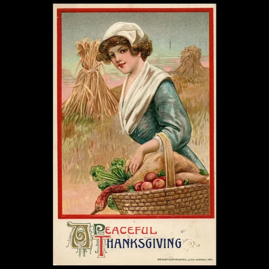 John Winsch 1911 Vintage with Pilgrim Woman Harvest Thanksgiving Postcard