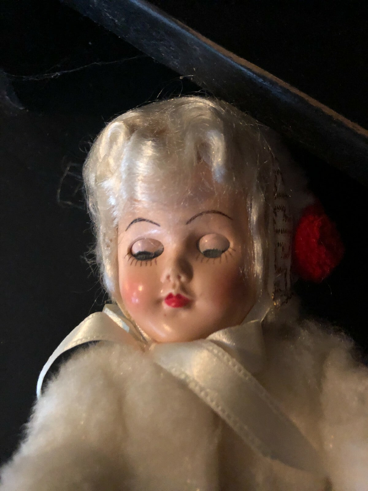  Porcelain Doll  White Fur Coat  12" Tall with Skis and polls