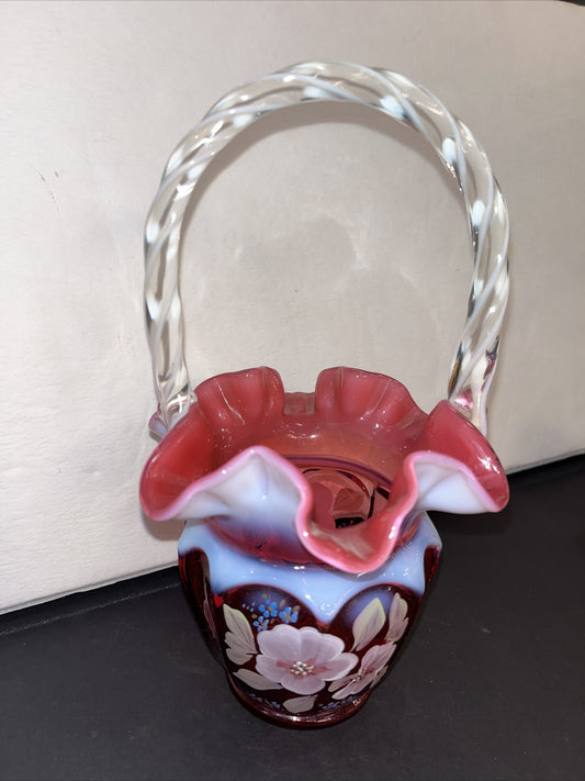 Fenton Art Glass Cranberry Opalescent Open Heart Arches Basket Signed & HP