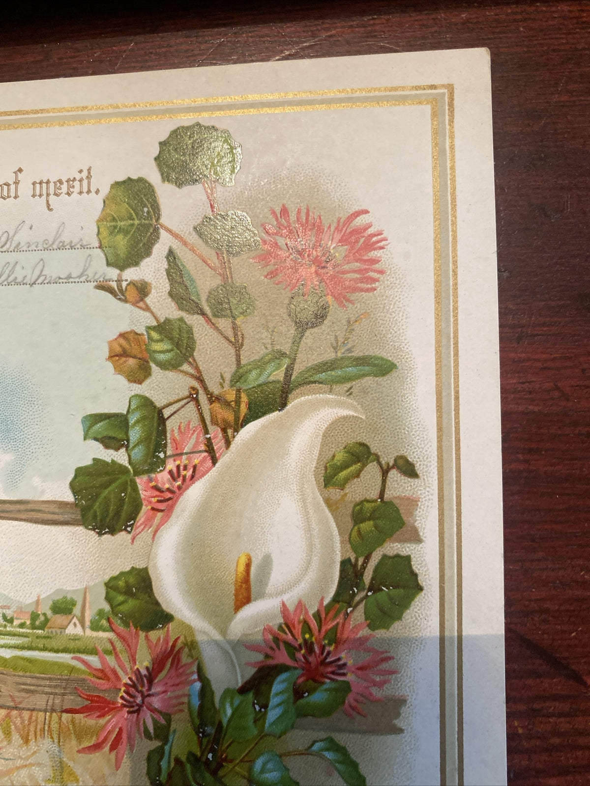 Reward of merit Vintage Victorian School Ephemera Lily Flower Split Rail Fence