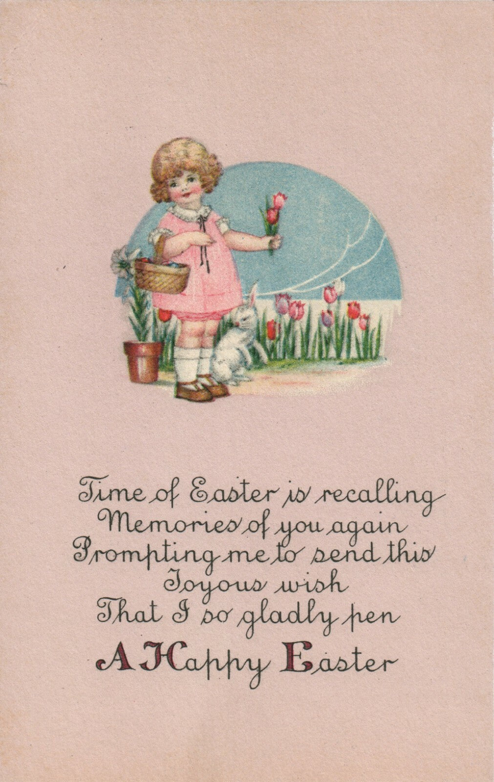 Pink Background Girl Picking Pink Tulips Pink Dress Easter Postcard
