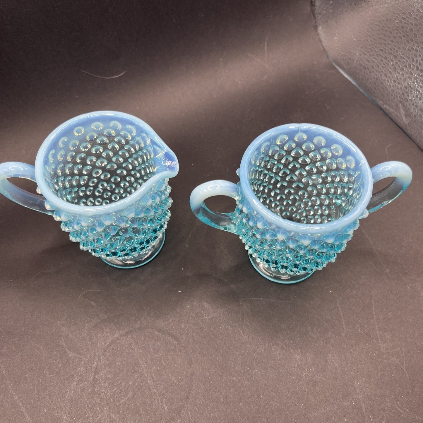 Fenton Glass Blue Opalescent Hobnail Creamer Sugar Bowl Set Lot Handle 3.5 Inch