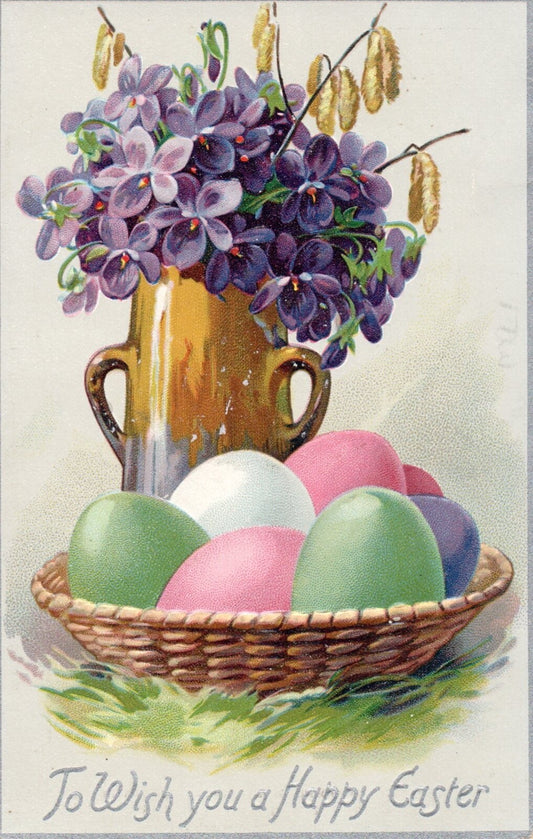 To Wish You a Happy Easter Colored Eggs in Basket Vintage Easter Postcard