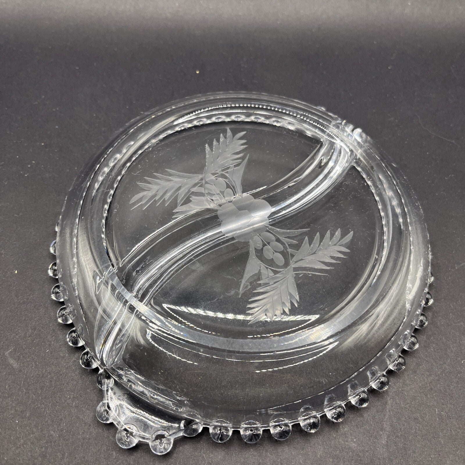 Vintage Antique Candlewick Glass Divided Dish Floral Pattern