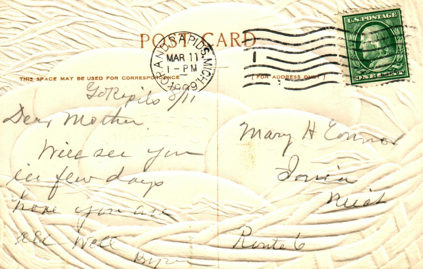  Heavy Embossed Easter Greeting Eggs in Basket Postcard  