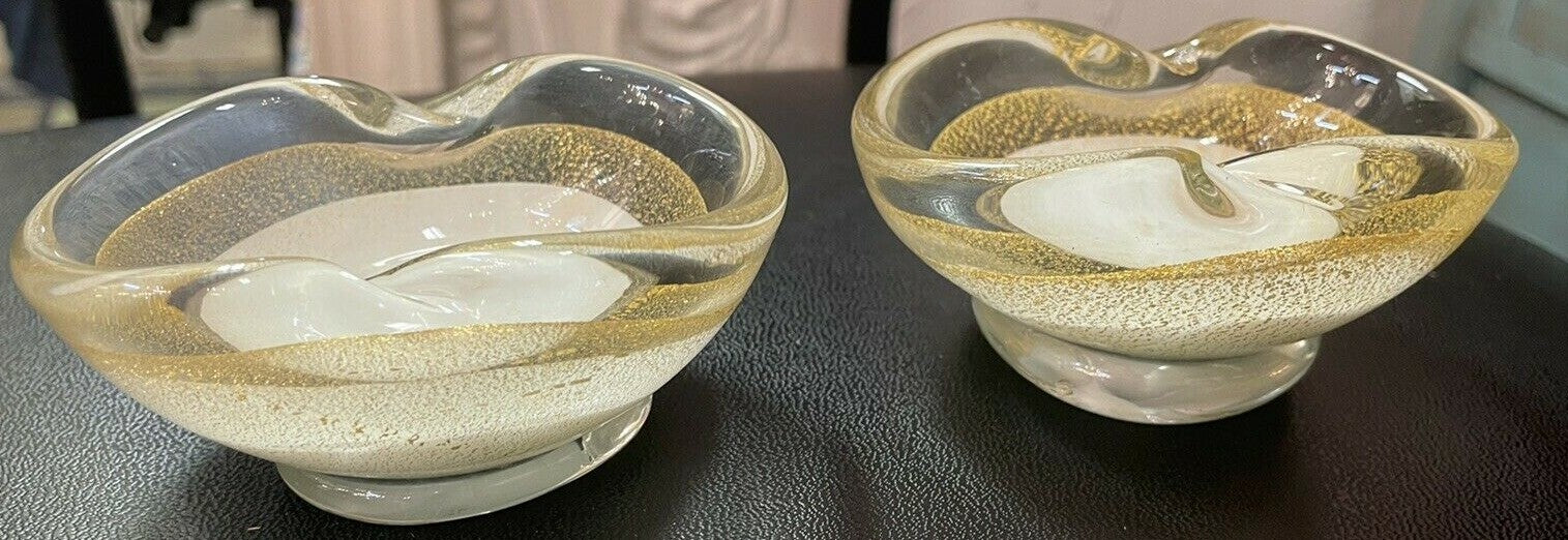 2 Vintage Salvini Lattimo Murano Art Glass MCM 50’s Gold Blown salt Bowl
