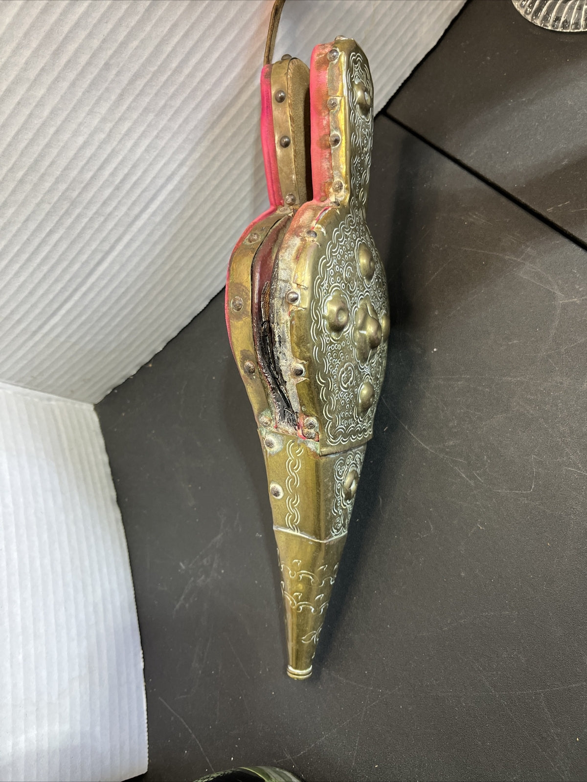 Antique French Handmade Repousse Brass Wood Fireplace Bellow