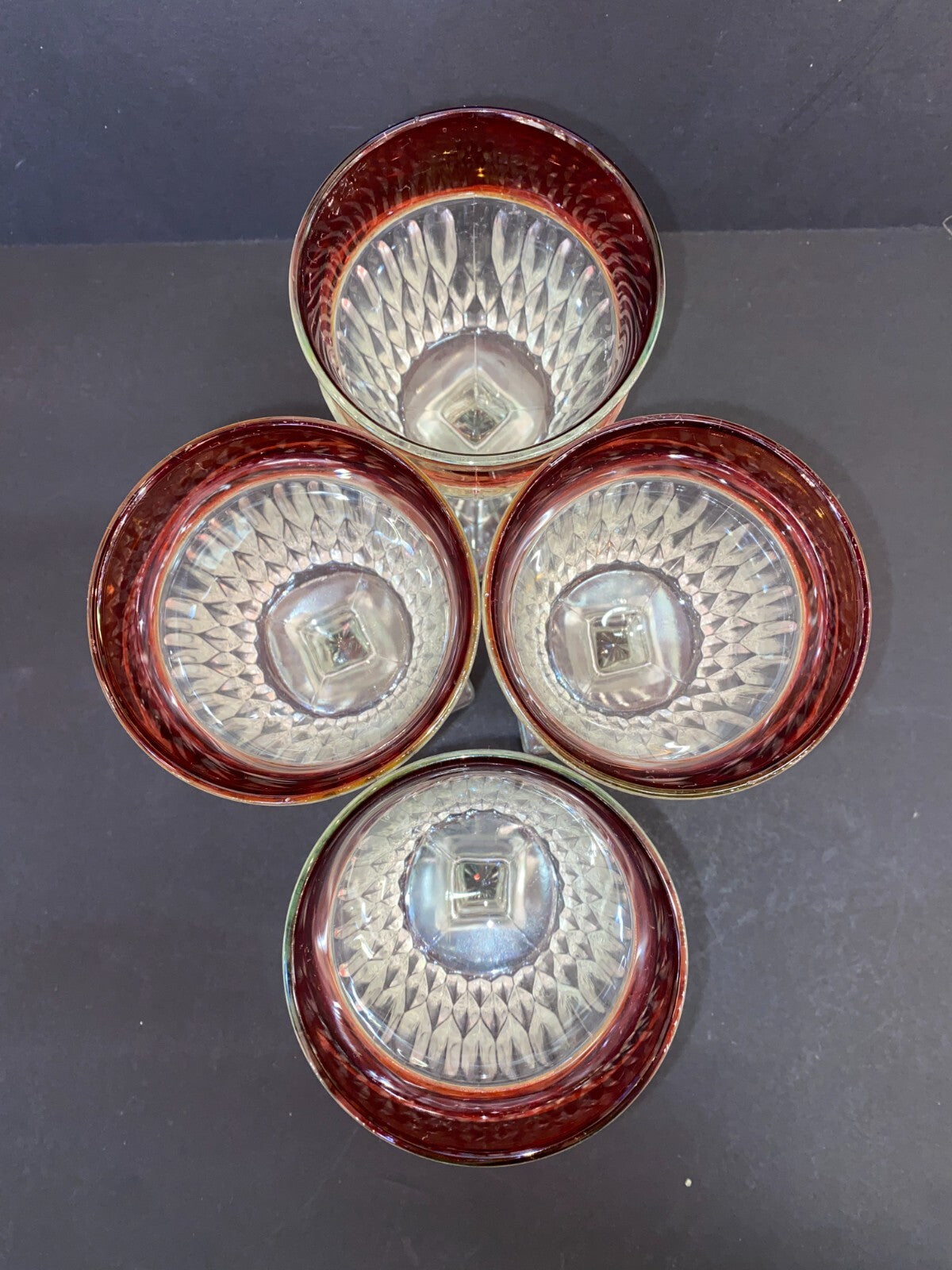 Vintage  Ruby Red Rimmed Set Of 4 Goblet Clear Cut Glass Square Base