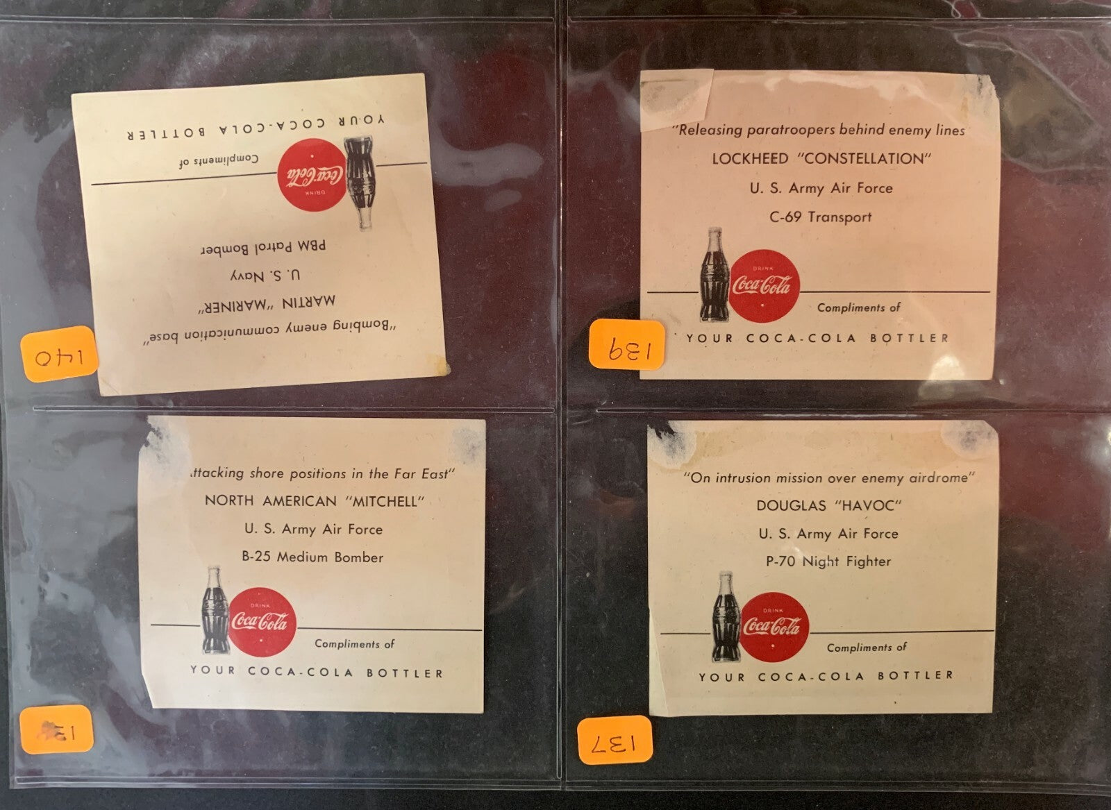 Lot of 4 1940 WWII Coca-Cola Fighter Plane Navy Army Air Force Advertising Cards