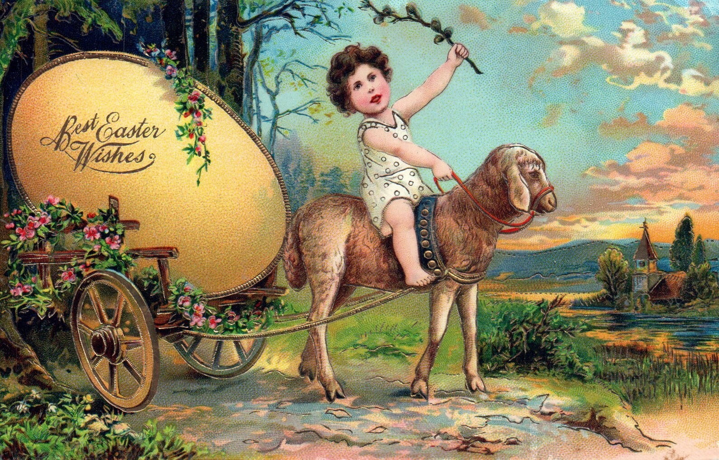 Best Easter Wishes Child Riding on Lamb with Easter Egg Vintage Easter Postcard