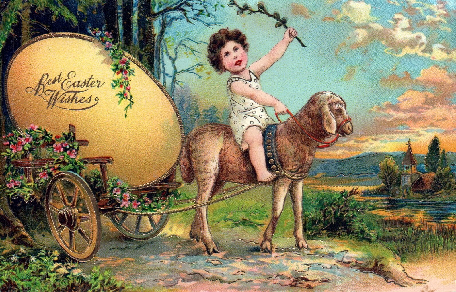 Best Easter Wishes Child Riding on Lamb with Easter Egg Vintage Easter Postcard