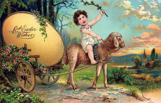 Best Easter Wishes Child Riding on Lamb with Easter Egg Vintage Easter Postcard