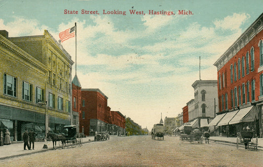 Printed Photo State Street Hastings MI MICH Michigan Postcard Horse + Carriages