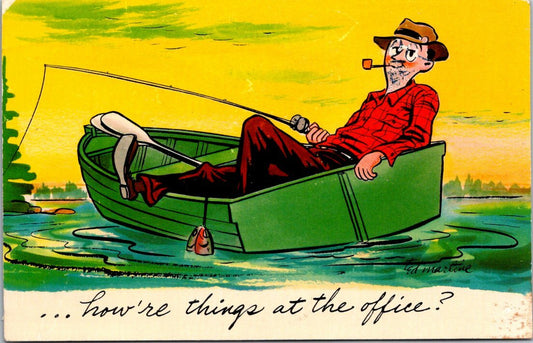 How're Things at Office? Man Relaxed Rowboat Fishing Ted Martine Comic Postcard