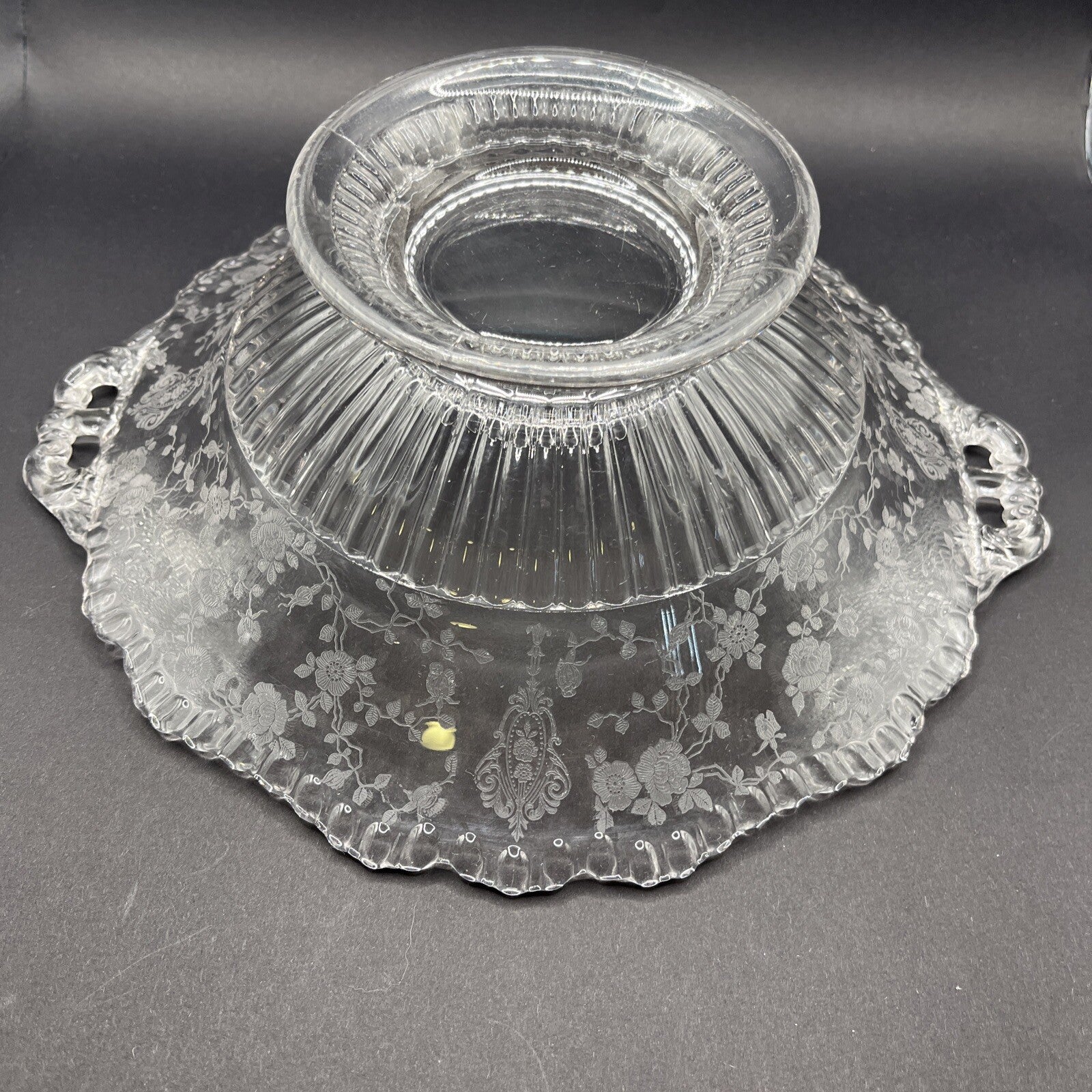 CAMBRIDGE GLASS CO  ROUND FOOTED CONSOLE BOWL - GRAY CUT FLORAL DECOR 10”