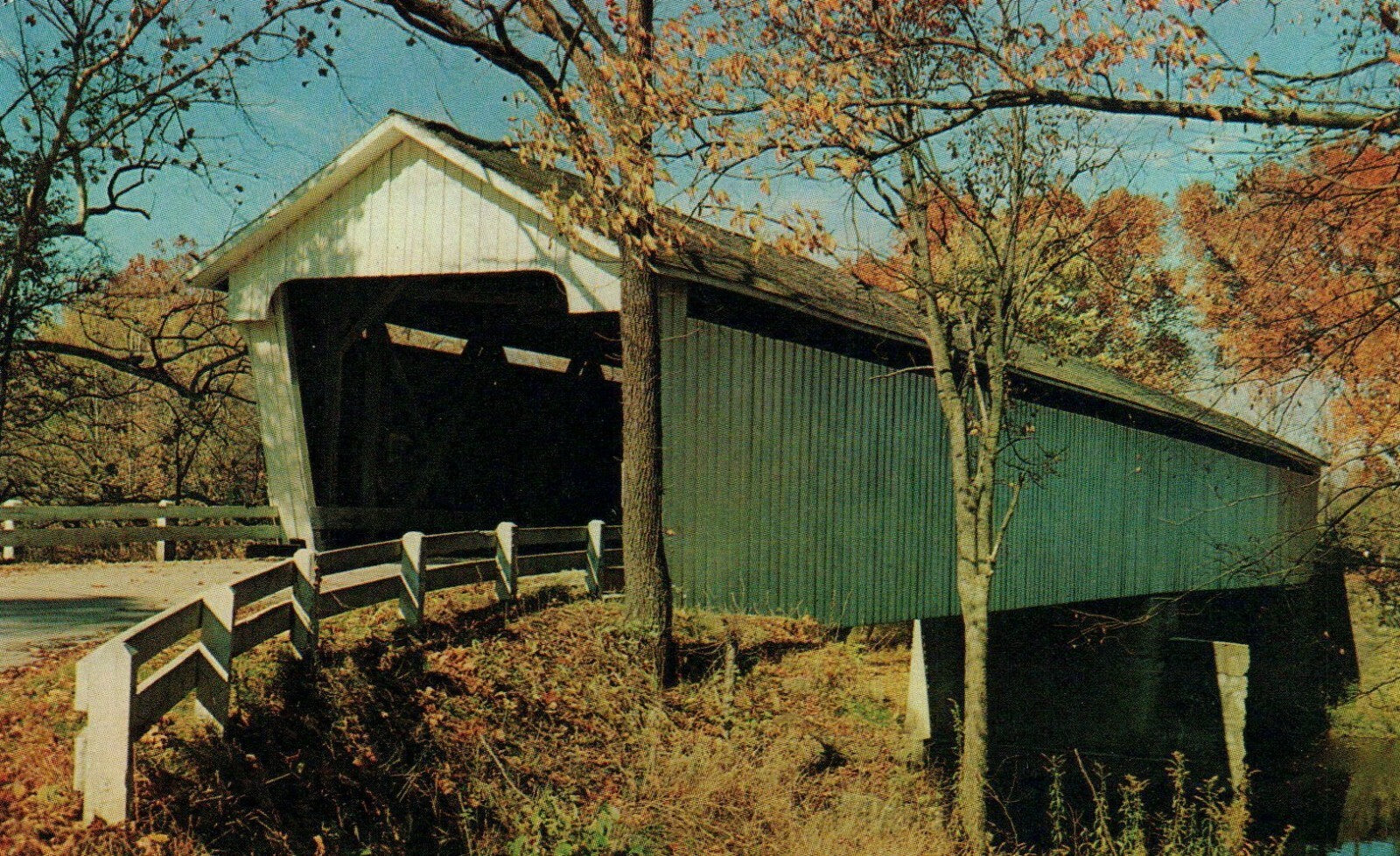 Indiana IN Covered Bridge During Fall Bridge 89215 Postcard