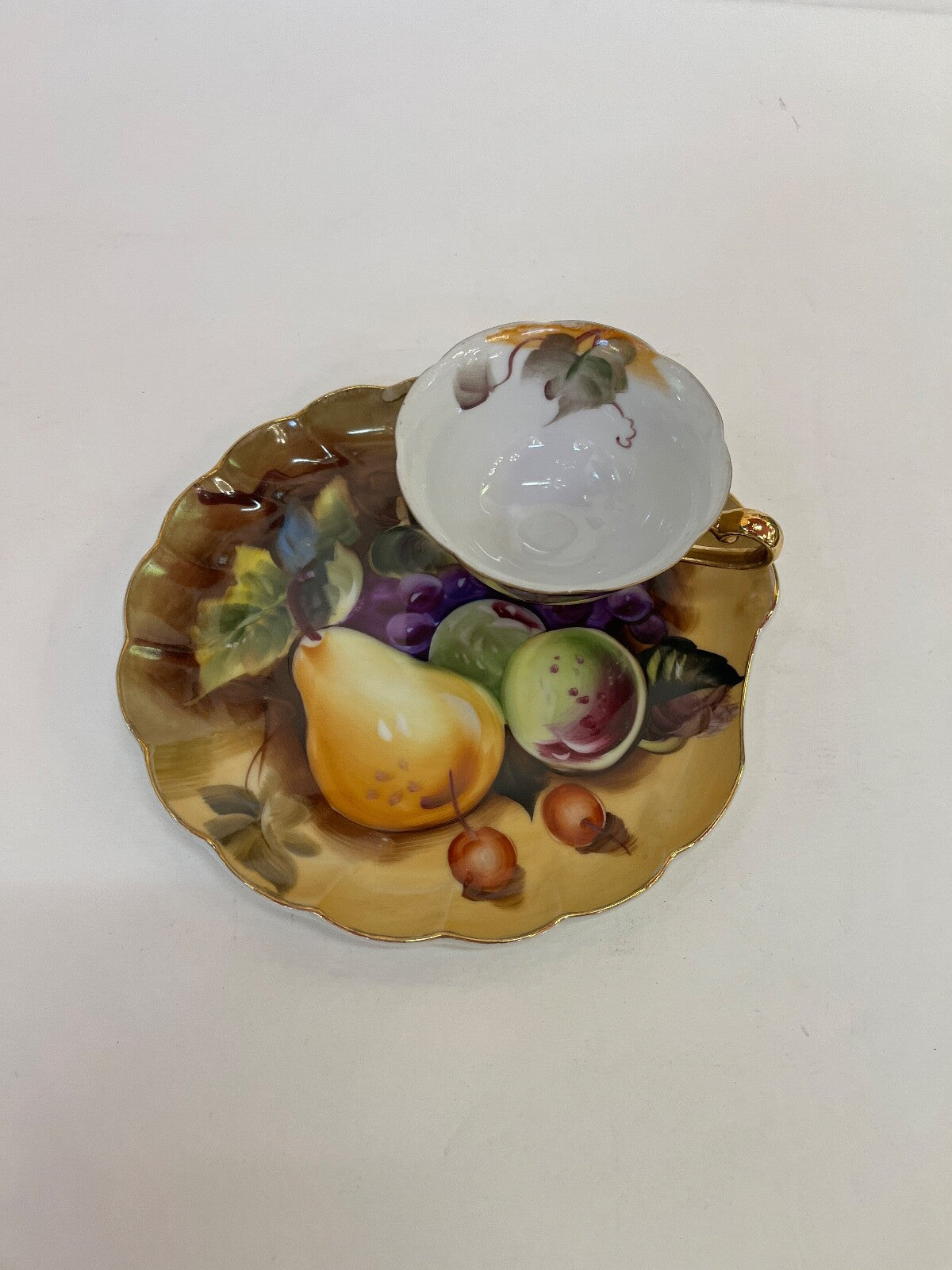Vintage Lefton China Hand Painted Gold Accent Teacup and Saucer Fruit Pattern 