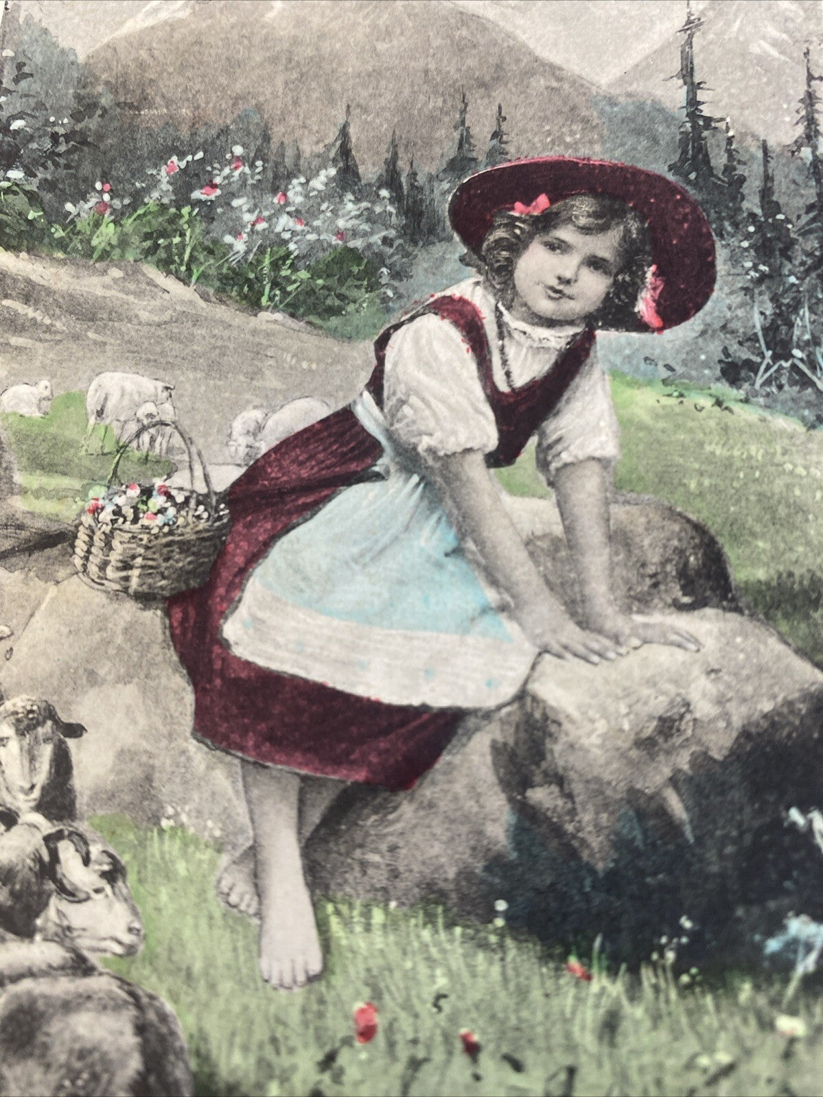 Easter Greetings Girl in Mountains Lambs vintage postcard #2491
