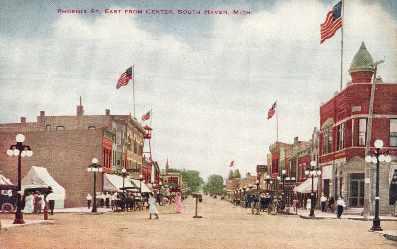 Phoenix St East From Center  South Haven Michigan MI American Flags 