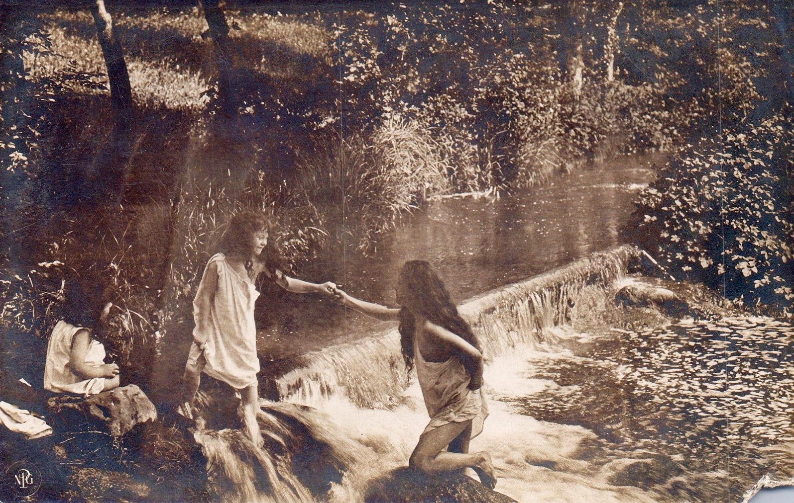 Three Little Girls Swimming in Creek Vintage Real Photo Postcard