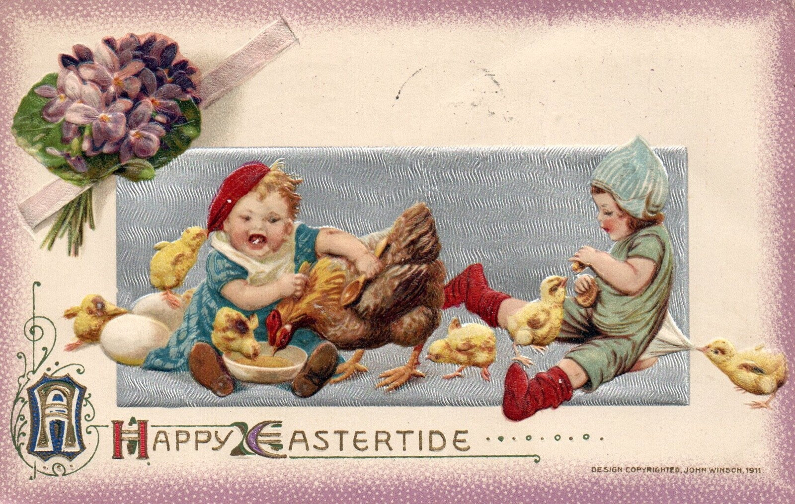 A Happy Eastertide Children Playing with Chickens Vintage Easter Postcard