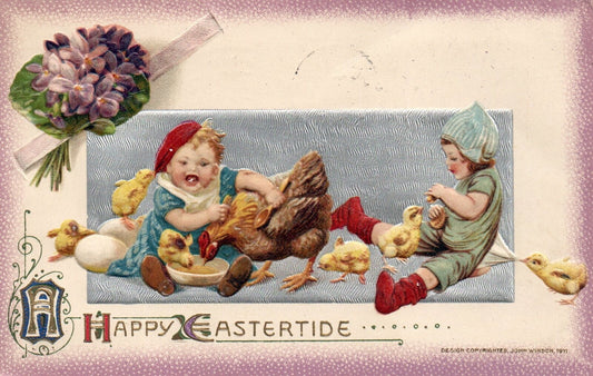 A Happy Eastertide Children Playing with Chickens Vintage Easter Postcard
