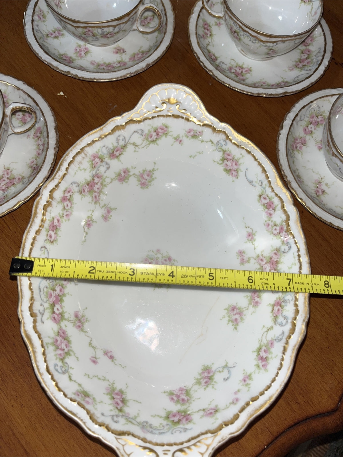 Haviland Limoges 4Tea Cup / Saucer & Serving Bowl- Double Gold Ribbon Flowers