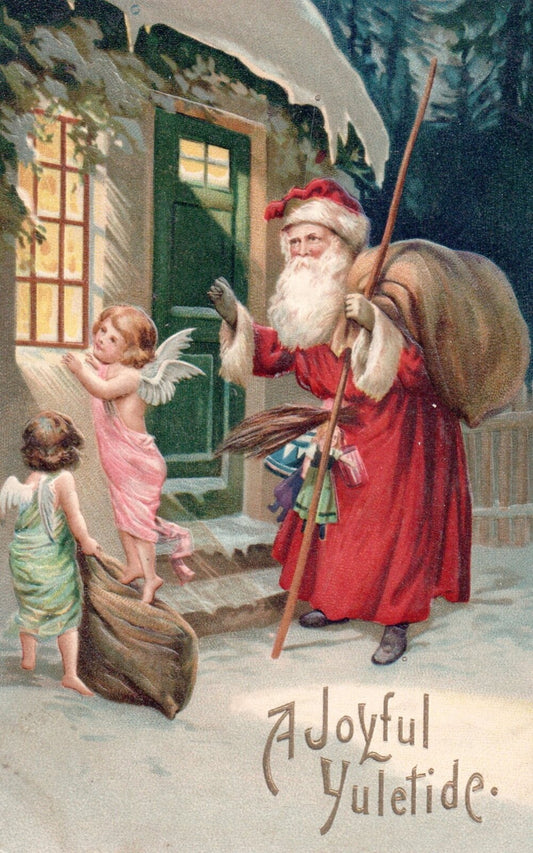 A Joyful Yuletide Santa Knocking on Door with Angels Vintage Santa Postcard